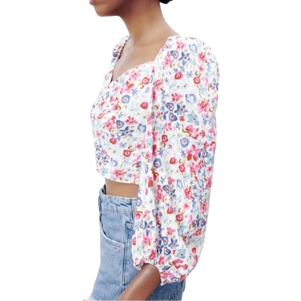 Zara Floral Linen Blend Tie Back Puff Sleeve Crop Blouse